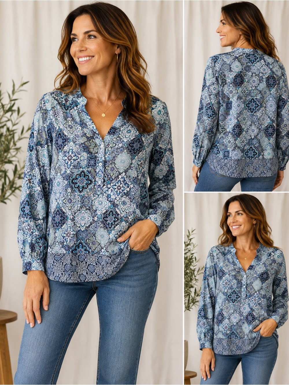 J.Jill Petite Medallion Print Button Front Blouse – PM